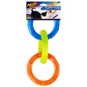 Nerf Glow 3-Ring TPR Tug Blue, Green and Orange Dog Toy