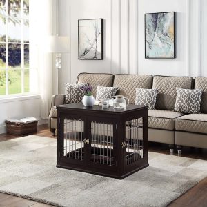 Unipaws Pet Crate with Pet Bed, Wooden Wire Dog Kennel in Espresso