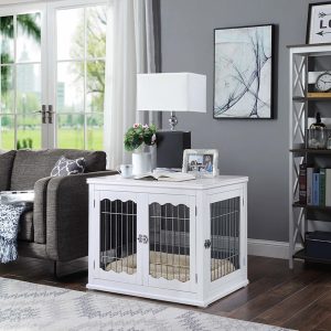 Unipaws Pet Crate with Pet Bed, Wooden Wire Dog Kennel in White
