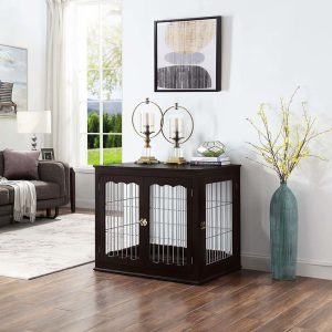 UniPaws Wooden Wire Espresso Dog Kennel with Pet Bed