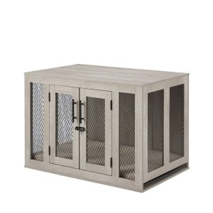 UniPaws Crate Wooden Dog Kennels with Cushion in Weathered Grey