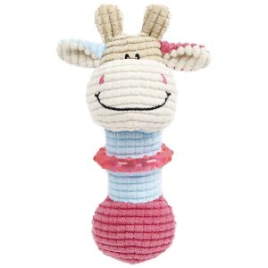 Pet Life Beige 'Giraffe-Cow' Plush Squeaking and Rubber Teething Newborn Puppy Dog Toy