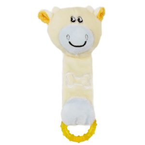 Pet Life Yellow Moo-Born' Plush Squeaky and Crinkle Newborn Rubber Teething Cat and Dog Toy