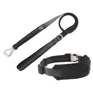Pet Life Black 'Geo-prene' 2-in-1 Shock Absorbing Neoprene Padded Reflective Dog Leash and Collar