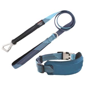 Pet Life Blue 'Geo-prene' 2-in-1 Shock Absorbing Neoprene Padded Reflective Dog Leash and Collar