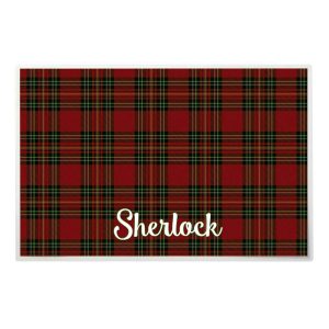 Custom Personalization Solutions Red and Green Christmas Plaid Food and Water Personalized Laminated Placemat for Pets