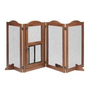 Unipaws 4 Panel Walnut Free Standing Pet Gate with Small Cat Door