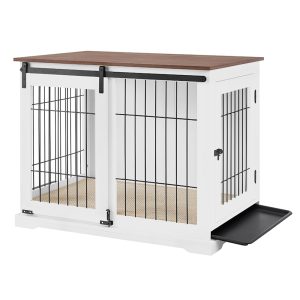 UniPaws White Dog Crate Furniture with Sliding Barn Door