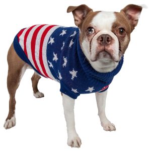 Pet Life Patriot Independence Star Heavy Knitted Fashion Ribbed Turtle Neck Dog Sweater