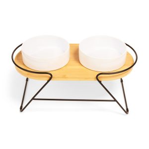 EveryYay Elevated Wood Double Diner with Ceramic Dog Bowls