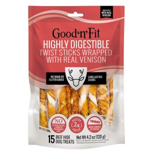 Good 'n' Fit Twist Sticks Wrapped With Real Venison, Long-Lasting Highly Digestible Rawhide Chews For Dogs