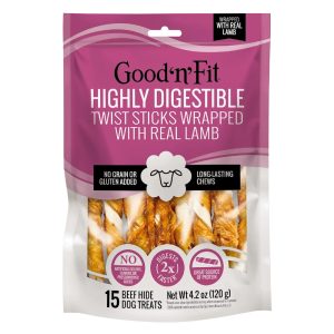 Good 'n' Fit Twist Sticks Wrapped With Real Lamb, Long-Lasting Highly Digestible Rawhide Chews For Dogs