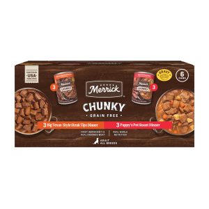Merrick Chunky Grain Free with Big Texas Steak Tips Dinner and Pappy's Pot Roast Premium Canned Dog Food Variety Pack