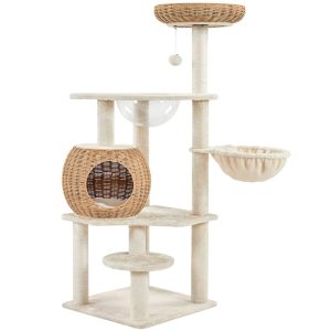 Topeakmart Rattan Cat Tree Tower with Condo and Basket