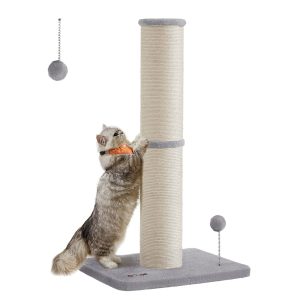 SONGMICS HOME 33.5" XL Tall Cat Scratcher Post, Sisal Pole with Spring Pompom Toy and Bell, for Medium & Large Cats