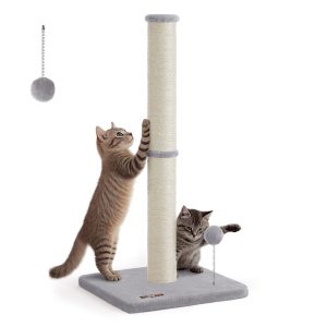 SONGMICS HOME 33.5" Tall Cat Scratcher Post, Sisal Pole with Spring Pompom Toy and Bell, for Medium & Large Cats