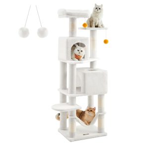 SONGMICS HOME Plush Cat Tree - Multi-Level Tower with Hammock, Cave, 2 Perches, 4 Scratching Posts & Pom Poms