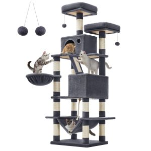 SONGMICS HOME 66.1-Inch Large Cat Tower with 13 Scratching Posts, 2 Perches, 2 Caves, Hammock, Basket & Pompoms