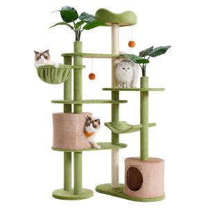 SONGMICS HOME 68.1-Inch Multi-Level Cat Condo Tower with Artificial Leaves, 3 Scratching Posts and Camel Brown