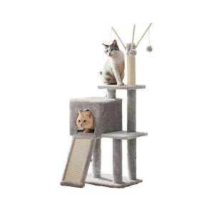 SONGMICS HOME 46.5-Inch Cat Tower for Indoor with Scratching Post, Ramp, 3 Removable Pompom Sticks, Cat Cave