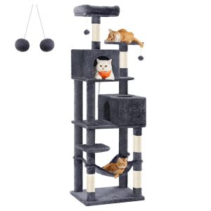 SONGMICS HOME 75.2-Inch Cat Tower with Hammock, 2 Perches, 2 Caves, 5 Scratching Posts & Pompoms