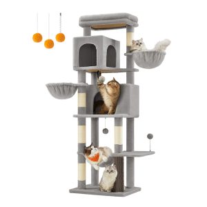 SONGMICS HOME 69-Inch Cat Tower with 2 Caves, 2 Baskets, 5 Scratching Posts, Hammock, Perch & Self-Groomer