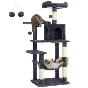 SONGMICS HOME 56.3-Inch Cat Tower - Multi-Level Cat Tree Condo with 4 Scratching Posts, 2 Perches, Hammock & Cave