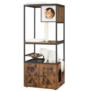 SONGMICS HOME 57.5-Inch Cat Tree Tower with Hidden Litter Box, Bowl Stand, Scratching Post & Washable Cushions