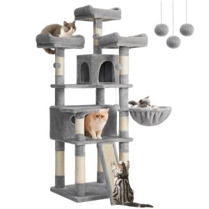 SONGMICS HOME 66.5-Inch Cat Tree for Large Cats with 2 Caves, 3 Plush Perches, Scratching Posts & Activity Center