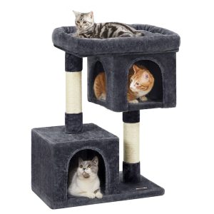 SONGMICS HOME 33.1-Inch Large Cat Tower with 2 Caves, Scratching Post & Spacious Perch for Cats up to 16 lb