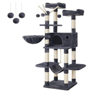 SONGMICS HOME 64.6-Inch Large Cat Tower Activity Center with Hammock, Basket, Removable Fur Ball Sticks & Condo