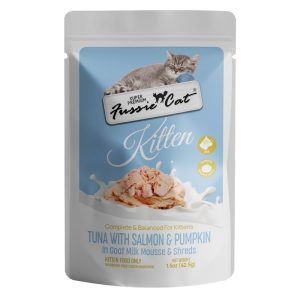 Fussie Cat Pouch Tuna & Salmon with Pumpkin in Goat Milk Mousse & Shreds Kitten Food